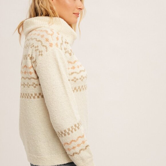 BOUTIQUE HEM & THREAD Fair Isle Turtleneck Sweater Ivory Beige Knit Pullover - Picture 7 of 8